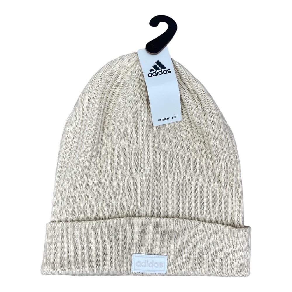 Adidas Women's Fit Beanie 4"Cuff Fold‎ Aluminum Beige OSFM Ribbed Knit Cap NWT
